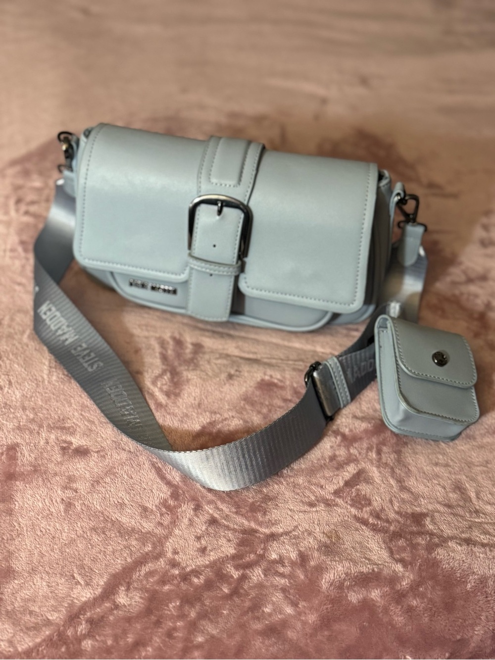 Steve Madden light blue Leather Buckle Crossbody with Strap Pouch - Picture 6 of 8